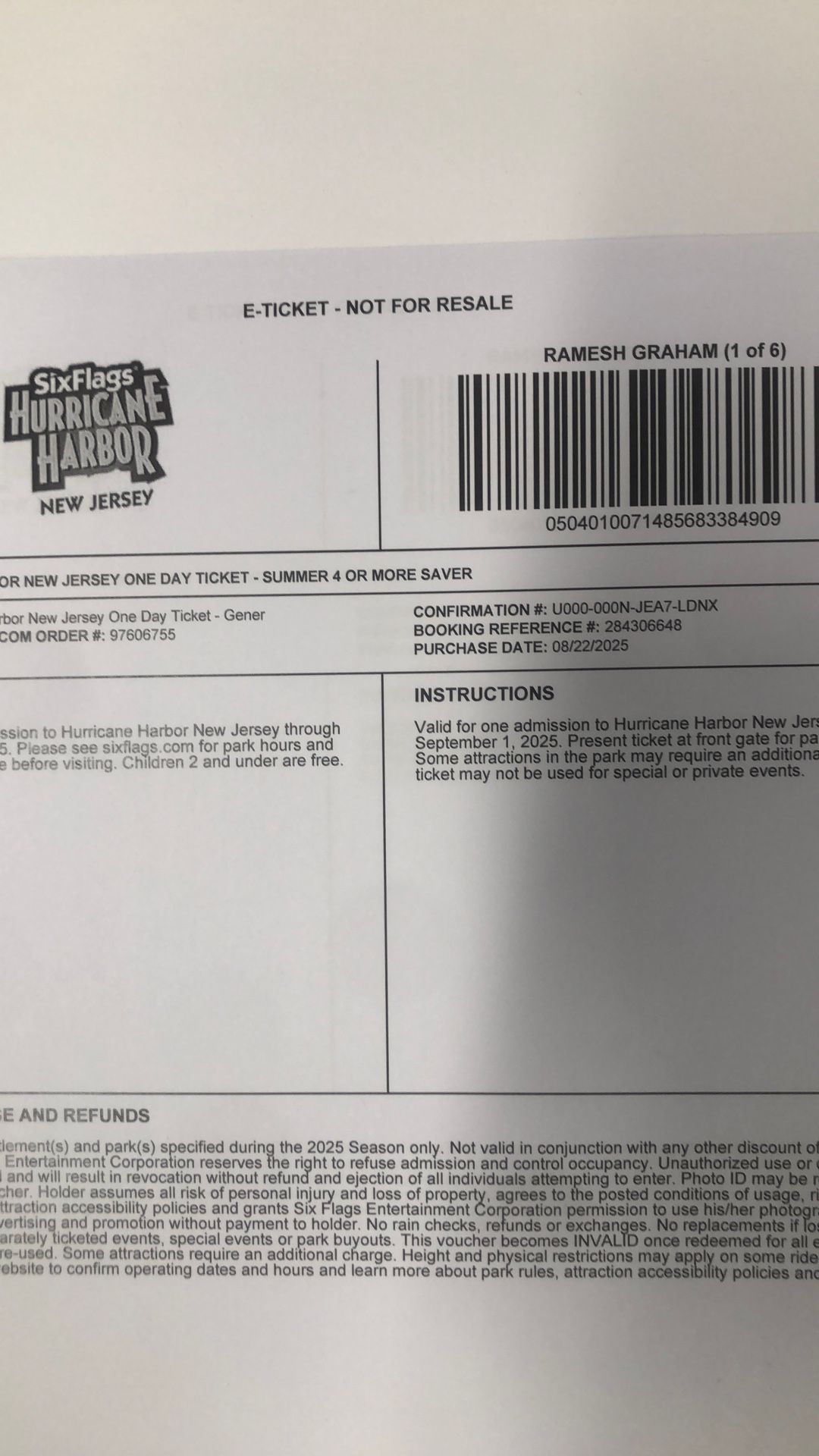 Hurricane harbor New Jersey 6 Ticket For Sale For $100