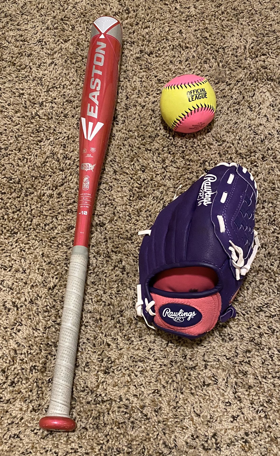 Girls’ fast pitch glove, bat and ball