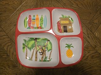 7 Kids Divided Tray Plates Heavy Duty Melamine Tropical Tiki Hut Monkey