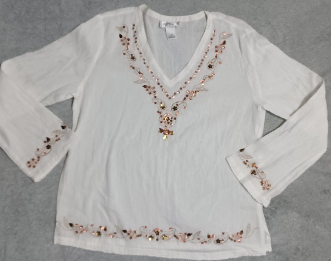 Women's Size 10 Medium Long Sleeve Beach Thin Shirt With Jewels Judith Hart
