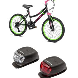 Like New BCA SC20 Girls' 20" Kids' Steel Frame Bike, Black/Green With Schwinn Headlight And Tail light set