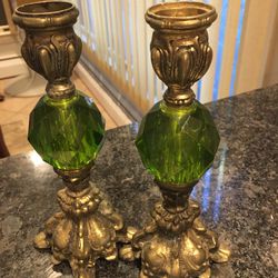 Nice Brass Emerald Candle Holders Set