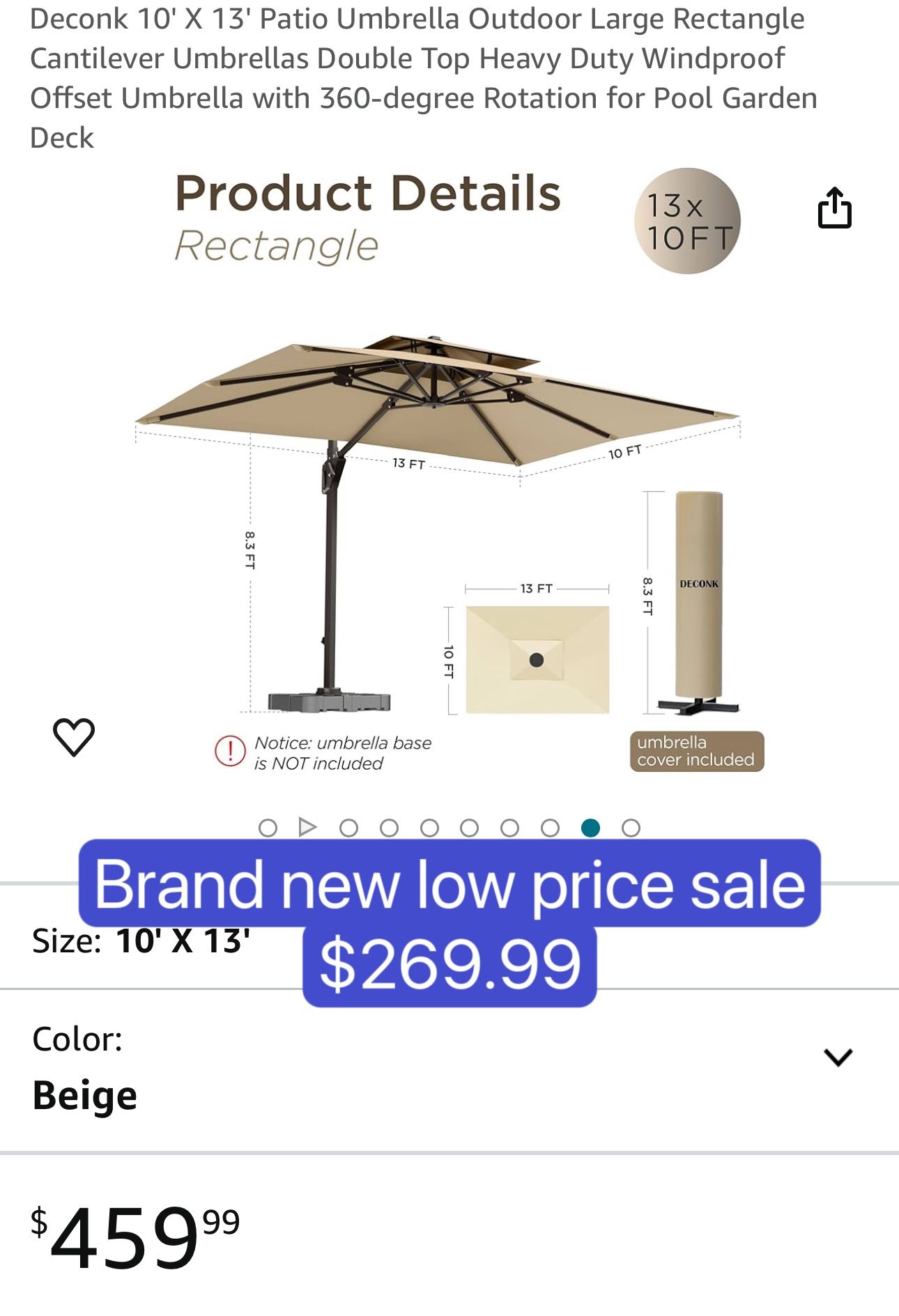 10' X 13' Patio Umbrella Outdoor Large Rectangle Cantilever Umbrellas Double Top Heavy Duty Windproof Offset Umbrella with 360-degree Rotation for Poo