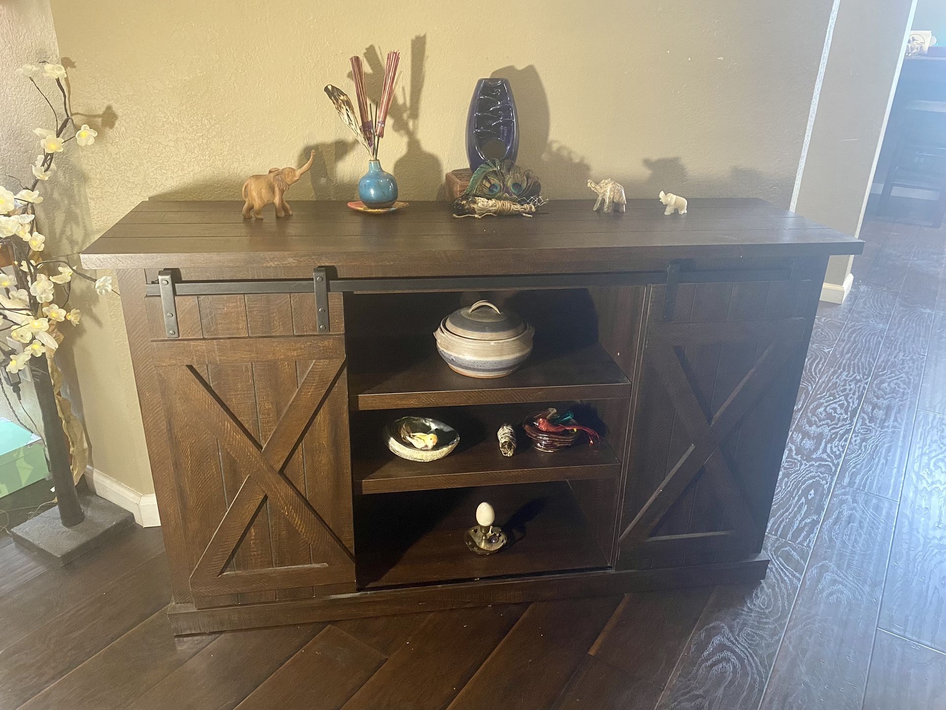 Console Entryway Table with Shelves and Sliding Doors with X design. Dark Rustic Brown “Wood”.