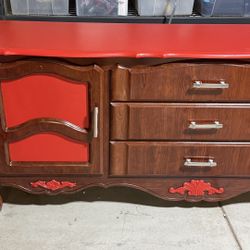 Vintage Wood Dresser with Red Accents 18” X 55” X 21” high