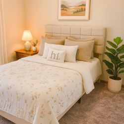 Beautiful NEW Beige Bed Frame + Good Condition Mattress