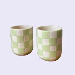 Handmade Hand-Painted Ceramic Cup – Lime Green & White Checkered
