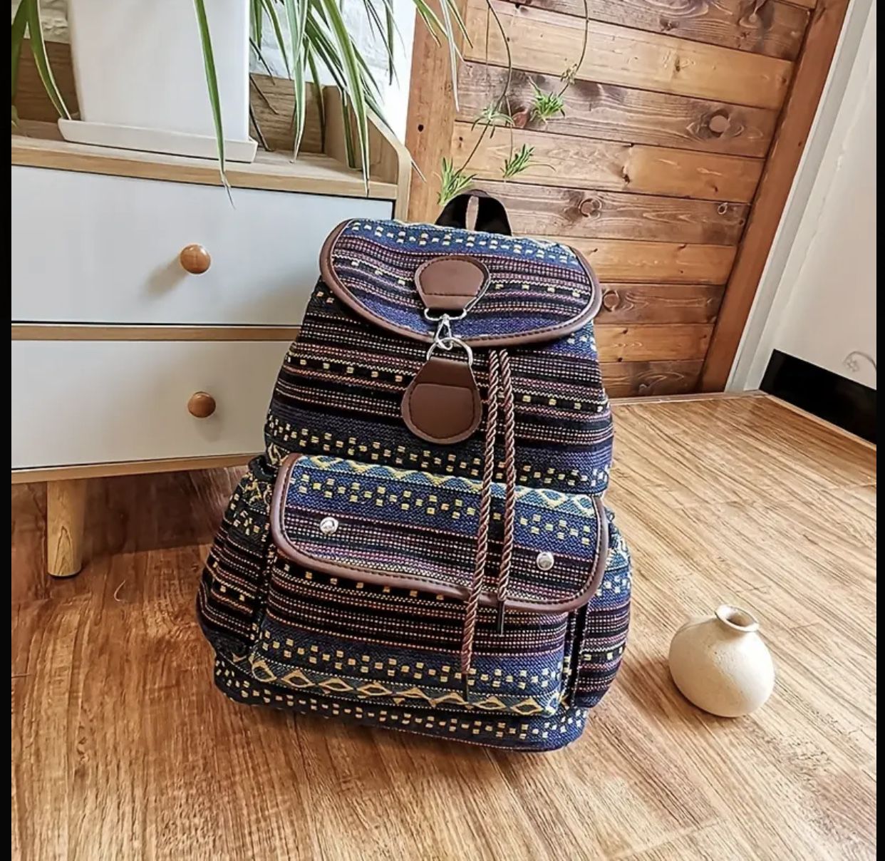Vintage Vibes Flap Closure Backpack: Boho-Inspired Drawstring Daypack with Paisley Accents for Stylish Travel and School Days.