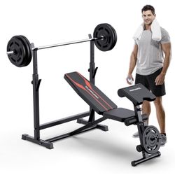 Olympic Workout Bench, Bench Press Set with Preacher Curl Pad and Leg Developer for Multi-Functional Home Gym Equipment