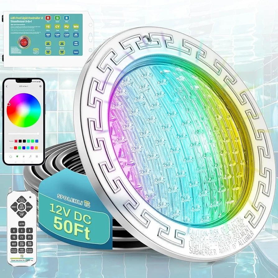 10" Smart Pool Light with APP, Remote & Controller, 12V Underwater Pool Spa Light, Built-in Transformer, 16 Million Colors, IP68 Waterproof, Ideal for