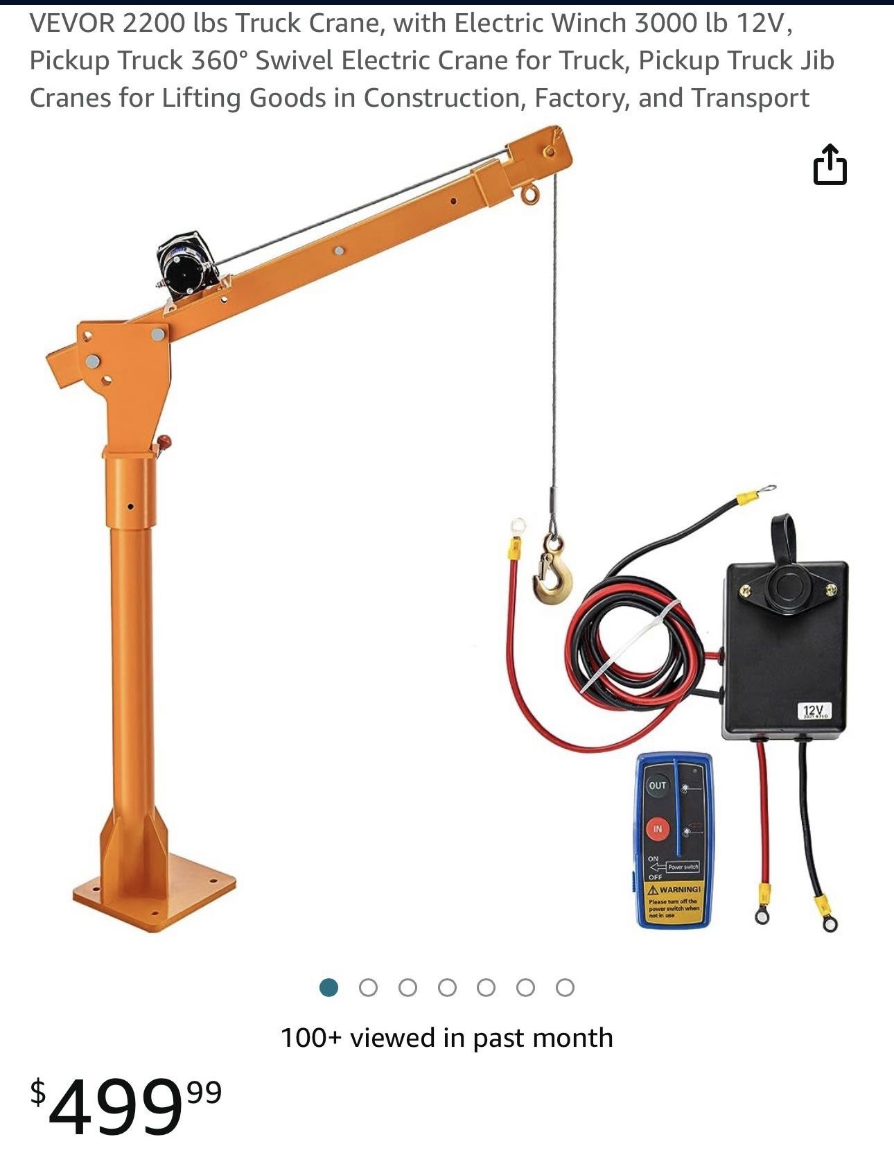 VEVOR 2200 lbs Truck Crane, with Electric Winch 3000 lb 12V, Pickup Truck 360° Swivel Electric Crane for Truck, Pickup Truck Jib Cranes for Lifting Go