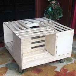 Solid Wood Planter / Display Table on Casters - 28" x 28" square x 20"H Whitewash finish / Shabby 