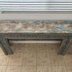 Stunning Indian Hand-Carved Console Table — Distressed Turquoise