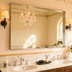 Bathroom Mirror 48"X32",Silver Framed Large Mirrors For Wall, Aluminum Metal Frame Modern Vanity Mirror For Bathroom, Bedroom, Living Room, Over Sink,