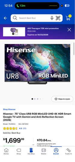 Hisense 75" UR8 RGB MiniLED 4K Smart TV