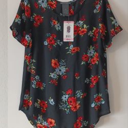 New CHELSEA & THEODORE Black Floral Pleated Top Blouse; Size Small