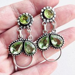 Green Peridot Crystal Quartz Sterling Silver 1.7” Post Earrings