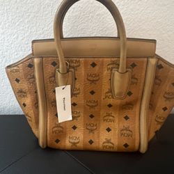 MCM Visetos Double Handle Structured Handbag, Cognac, Fair Conditon