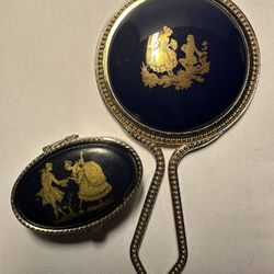 Vintage Blue de Four Scene of Courting Pill Box & Limoges Porcelain Vanity Hand Mirror