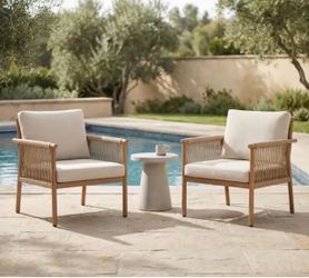(2 Pack) Rope Woven Outdoor Patio Lounge Chair with Removable Cushions and Wood-Look Metal Frame, Color-Beige