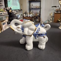 Chinese Lucky Circus Porcelain Elephant Figurine, Chinoiserie Style Gold Gilt, Trunk Up For Good Luck & Prosperity 6.5"L X 5"H