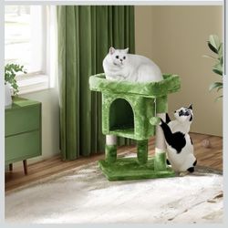 23.5in Cat Tree, Cute Cat Tower for Indoor Cats with Wide Top Perch, Warm Condo, Sisal Scratching Posts for Large Cats, Green