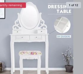 4 Drawer Vanity Makeup Dressing Table Set w/Mirror,Stool Jewelry Wood Desk White