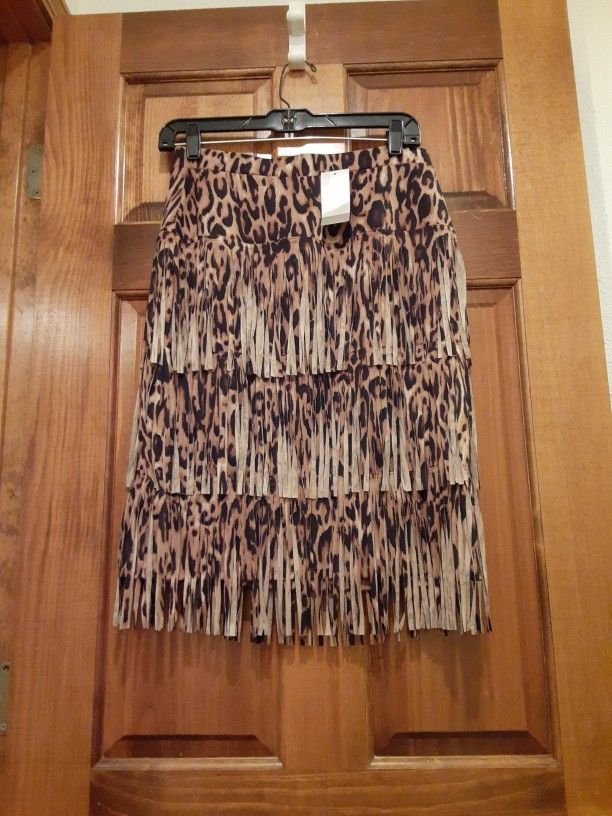 Nwts Women's Size 0 Chico's Leopard Fringe Skirt