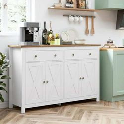 4-Doors 2-Drawers Farmhouse Storage Cabinet, Wood Sideboard with Adjustable Shelves for Kitchen Dining Room, White