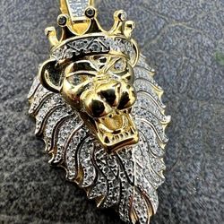 Italy 925 Sterling Silver Lion Head 14K Gold 5X Layered Iced Pendant, Stainless Steel Rope Chain 16”-24” Chain and Pendant Set
