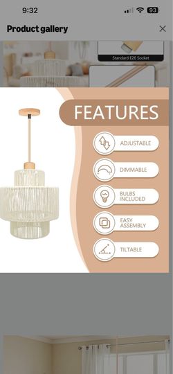 12.6in Bohemian Modern Woven Rattan/Iron Bulb LED Pendant Farmhouse Coastal Adjustable Dining Room Living Room Kitchen Island Foyer Bedroom Hallway, T