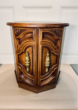 Vintage 1960s Carved Wood Circular Cabinet End Table