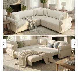 Cream Sectional Sofa with Pull-Out Sleeper