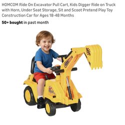 HOMCOM Ride On Excavator Pull Cart, Kids Digger Ride on Truck with Horn, Under Seat Storage, Sit and Scoot Pretend Play Toy Construction Car for Ages 