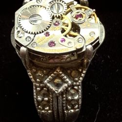 Vintage Sterling & Marcasite Ring With Vintage Wittnauer Watch Movement