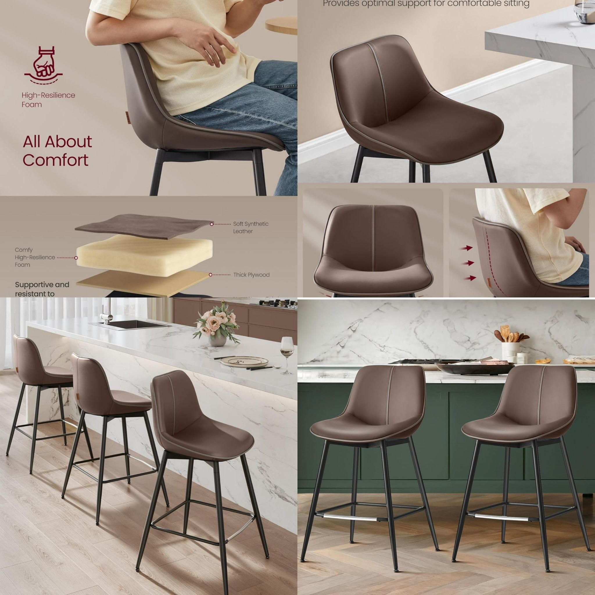 Bar Stools Set of 4..Counter Height Bar Stools with Back, Ergonomic Backrest, Synthetic Leather, Metal Legs, 24.4-Inch Tall Barstools for Kitchen Isla
