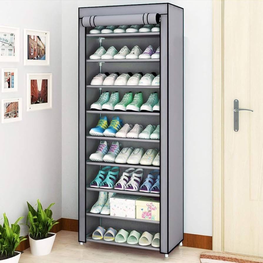 10 Tier 30 Pairs Shoe Rack with Dustproof Cover Large Shoe Storage Organizer Cabinet for Closet, Bedroom, Entryway, Hallway, Dorm Room (Grey)