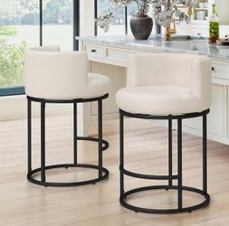 Set of 2, 180° Swivel Bar Stools with Metal Legs and Footrest, Fabric Upholstered Barstools for Kitchen Island, Beige