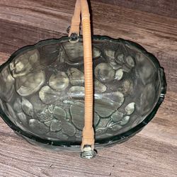Vintage Libby Oval Glass Fruit Bowl with Wicker Handle - Aqua Green