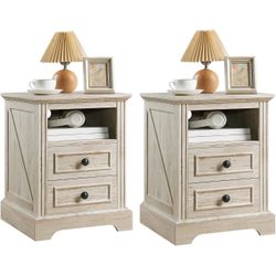 Nightstand Set of 2 with Charging Station, Bedside Table with Open Storage and 2 Drawers, Side Table 18" Retro, End Table for Bedroom, Living Room, Wa