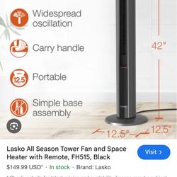 Lasko FH515 Fan & Heater All Season Comfort Control Tower with Remote