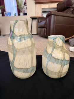 Hand-Blown Style Art Glass Vases – Set of 2, Marbled Blue/Cream, Elevarre"