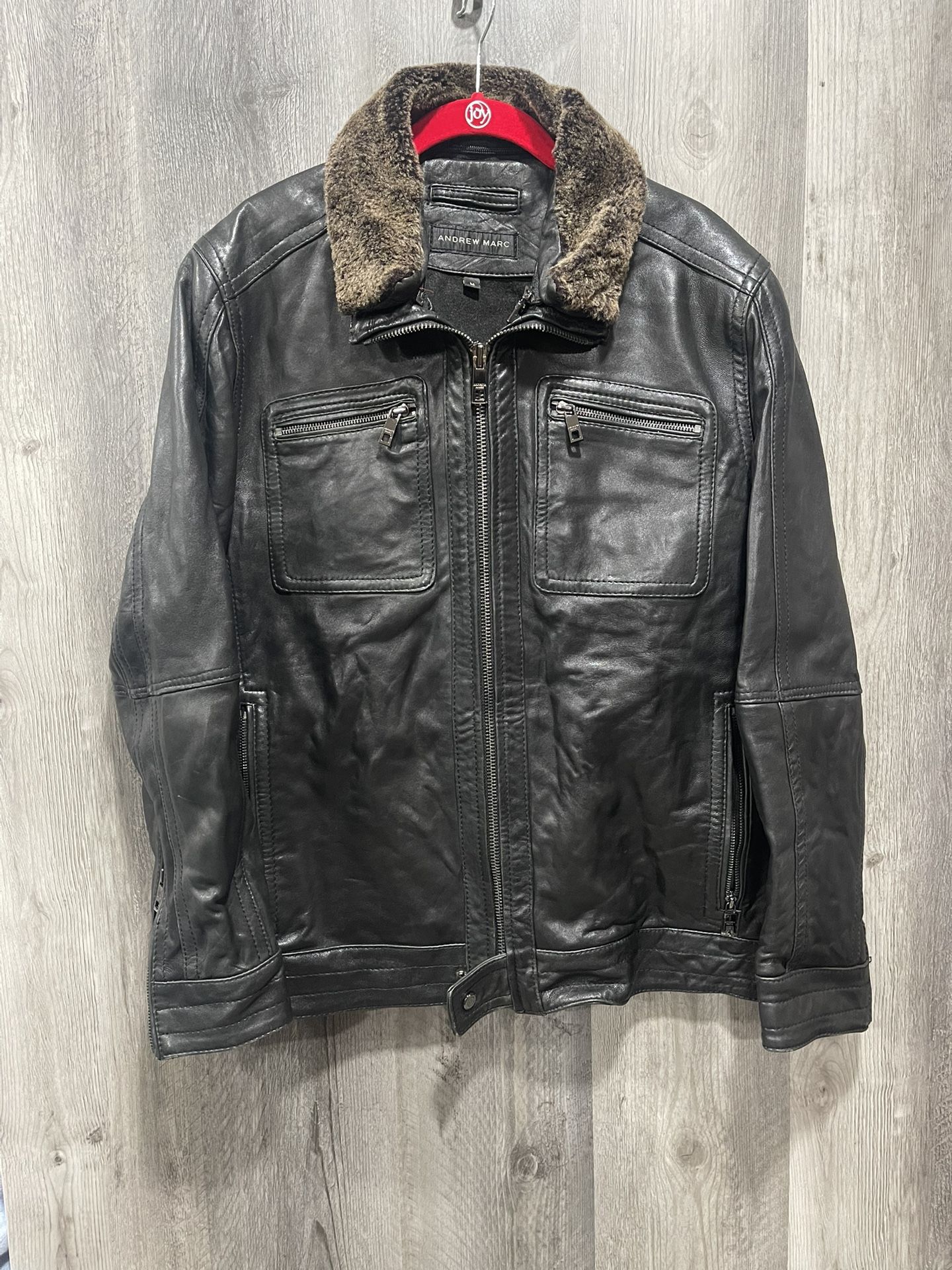 Andrew Marc Leather Bomber With Removable Shearling Collar