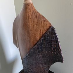 Pedestal And Vase Leather And Wood Really Nice