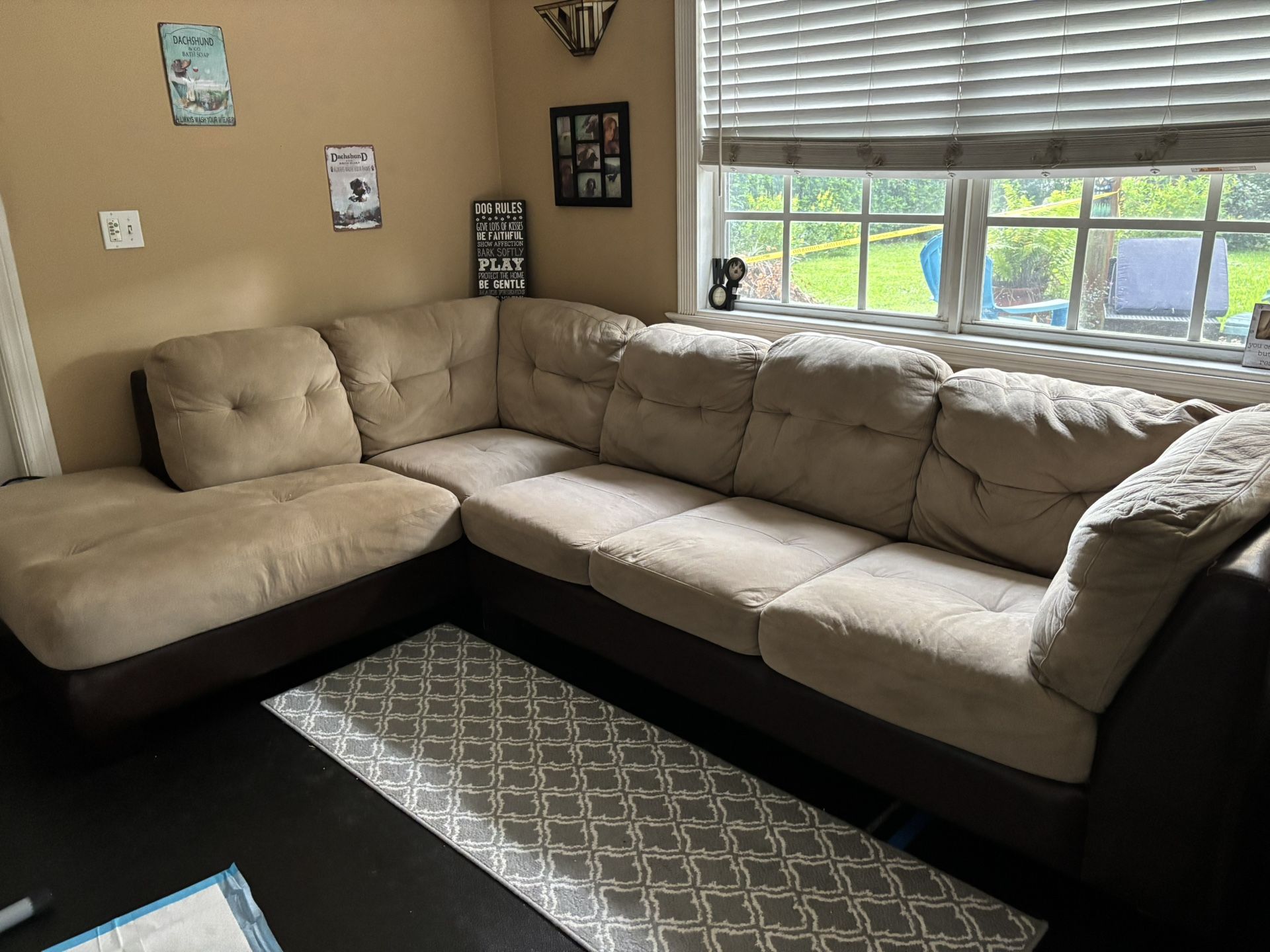 L-Shaped Couch – Cream Microfiber & Brown Leather – Super Comfy!