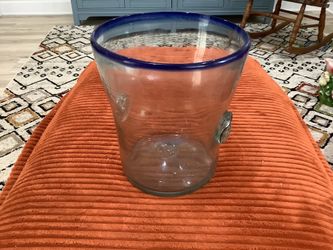 Vintage Mexican hand blown glass ice bucket, clear glass, cobalt blue rim