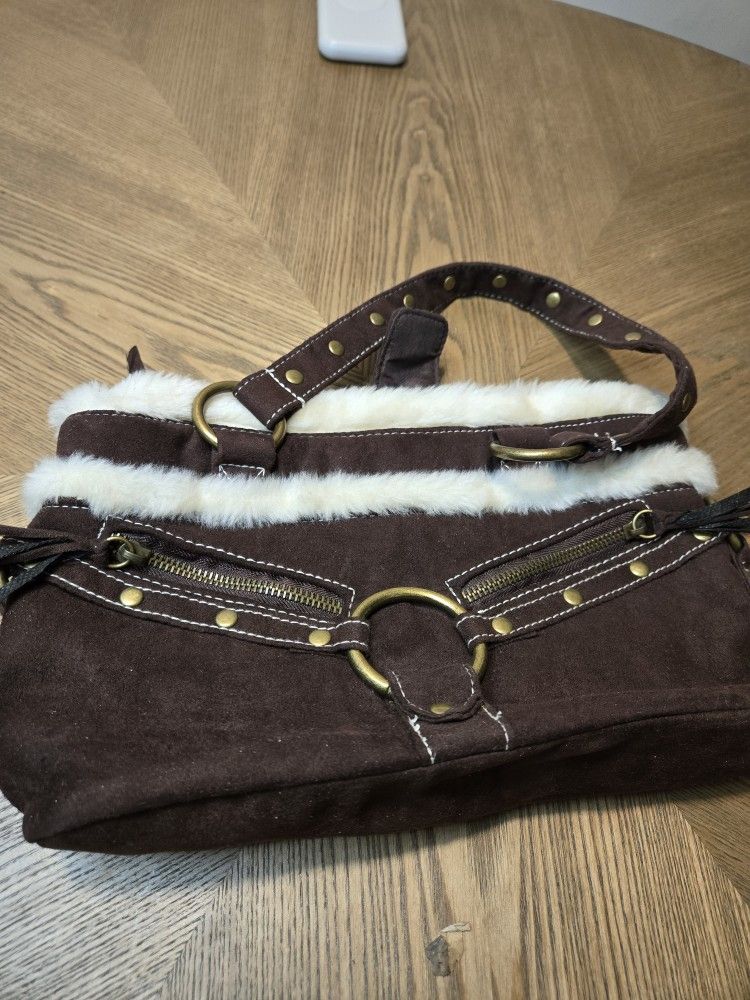 Faux Suede Faux Sheepskin Trim Shoulder Bag