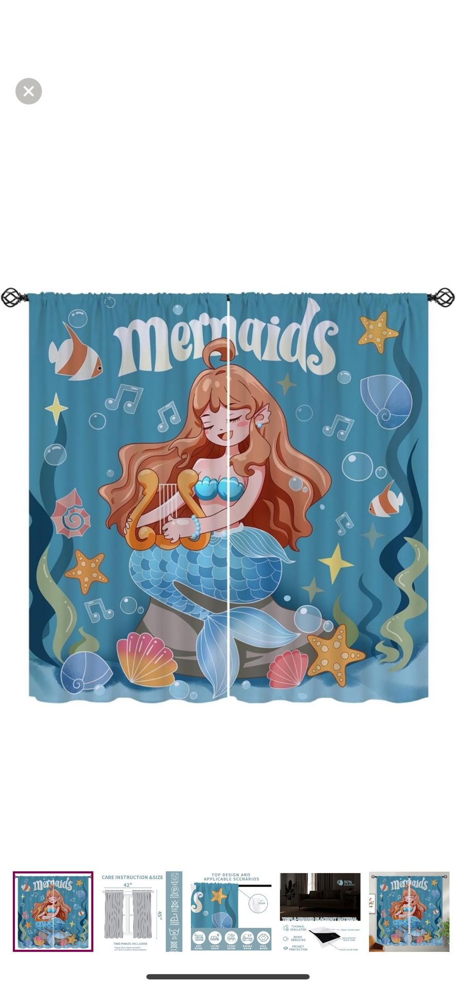 Mermaid Cartoon Ocean Princess Starfish Fish Shell themed curtain panels 45x45