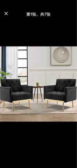 Black Velvet Accent Chairs Set of 2, Comfy Button Tufted Armchair, Upholstered Arm Chair Single Sofa Reading Chairs with Arms and Gold Metal Leg for L