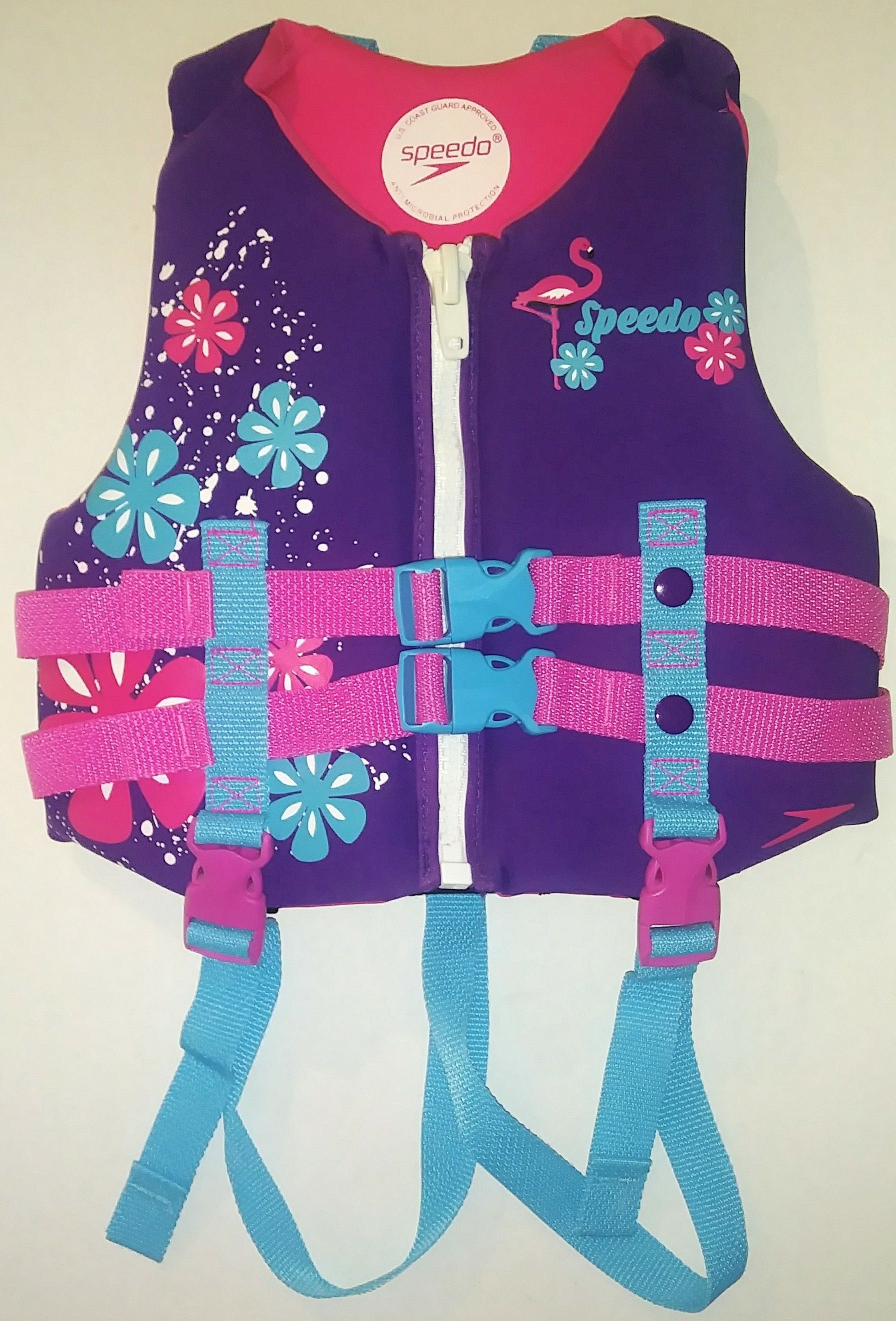 Girls Speedo Child 30-50 lbs Neoprene Life Jacket Vest Purple & pink w/flowers and flamingo PFD/ USCG Approved